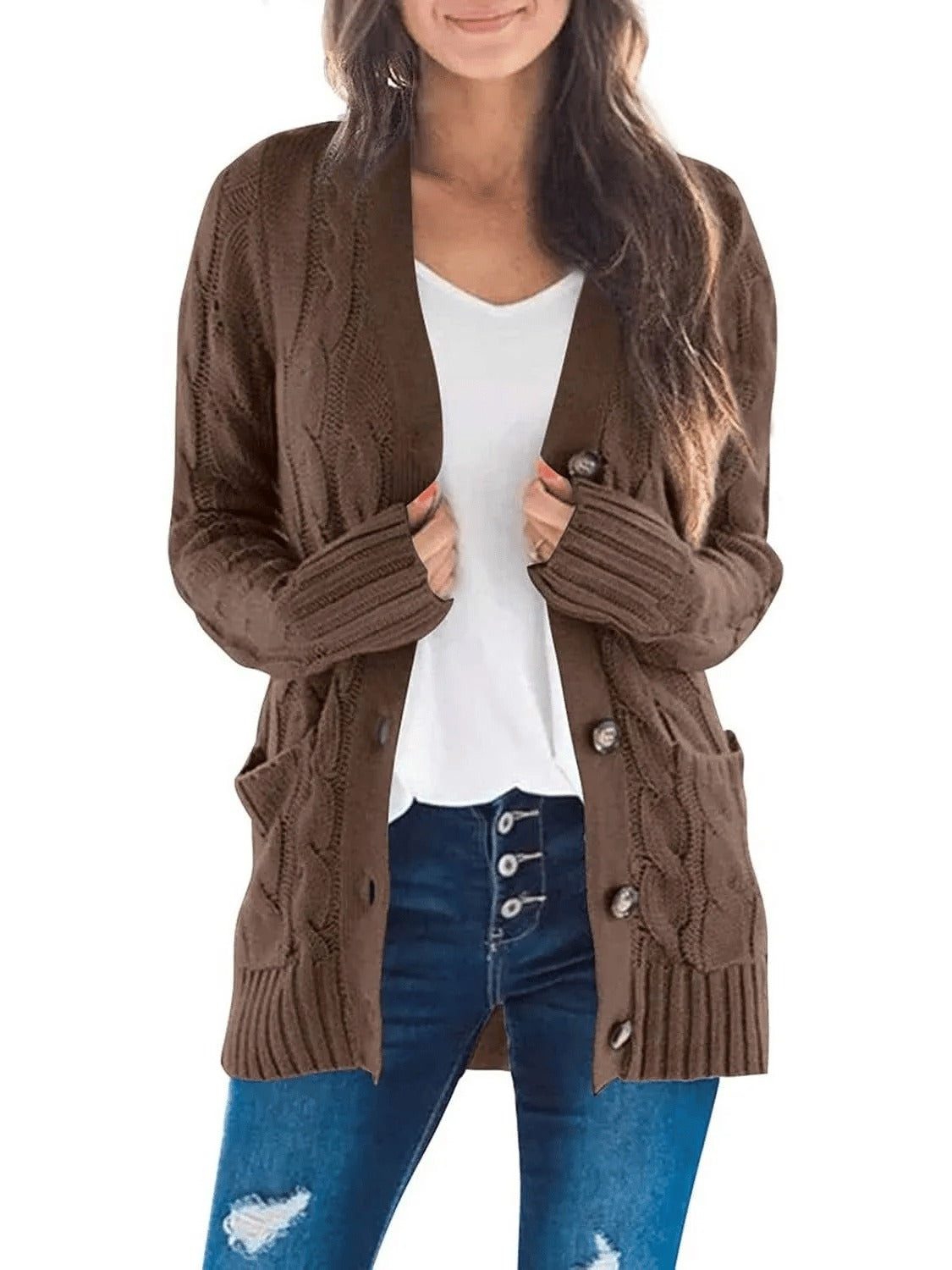 Damesvest voor de herfst met lange mouwen, gebreid en met knopen