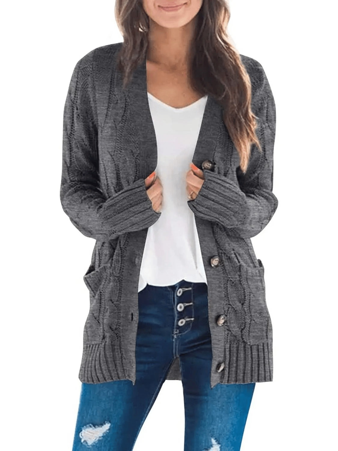 Damesvest voor de herfst met lange mouwen, gebreid en met knopen