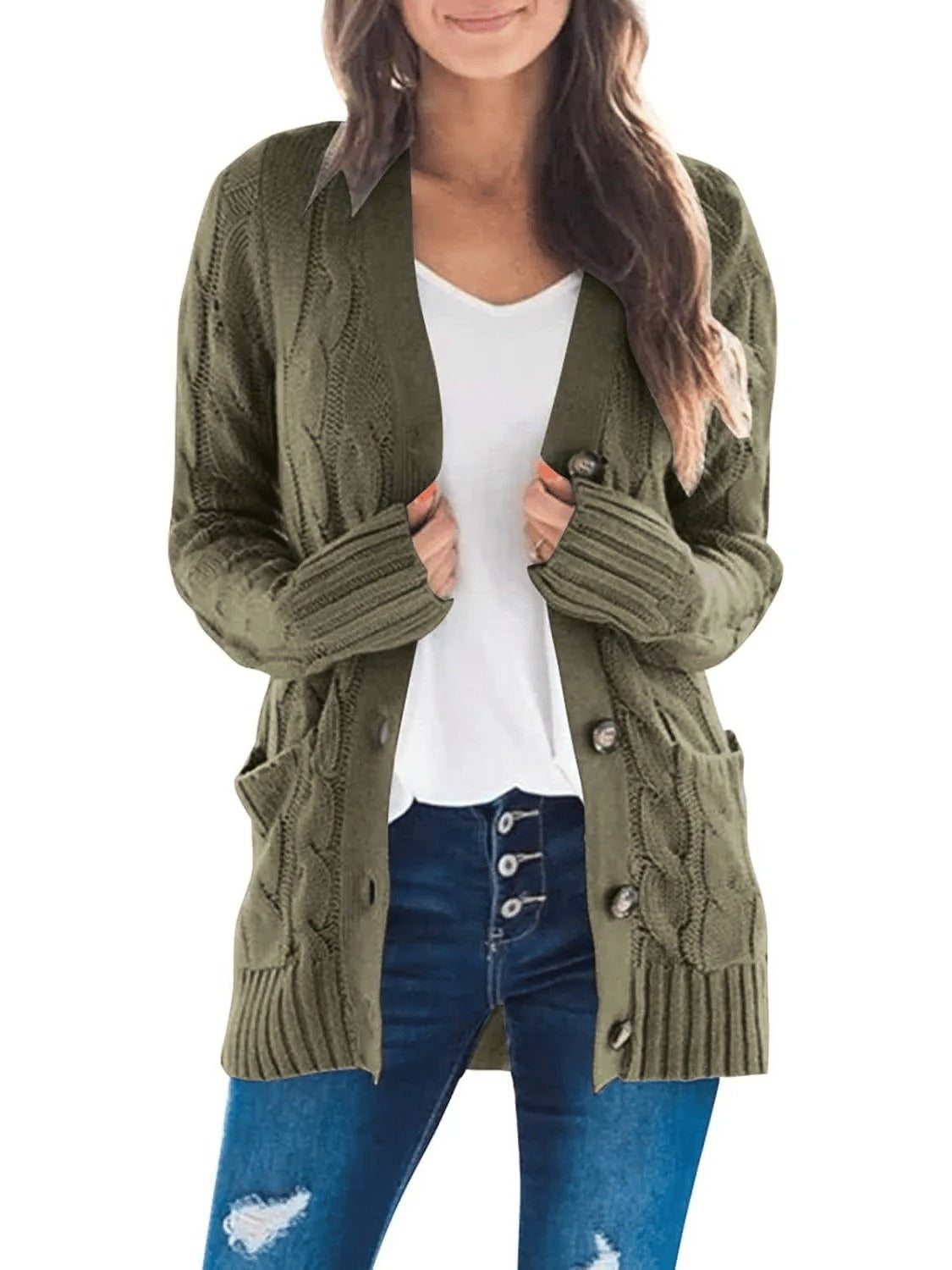 Damesvest voor de herfst met lange mouwen, gebreid en met knopen