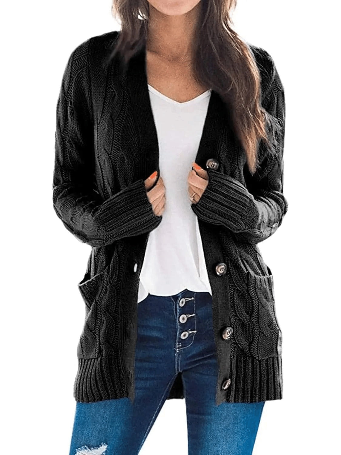 Damesvest voor de herfst met lange mouwen, gebreid en met knopen