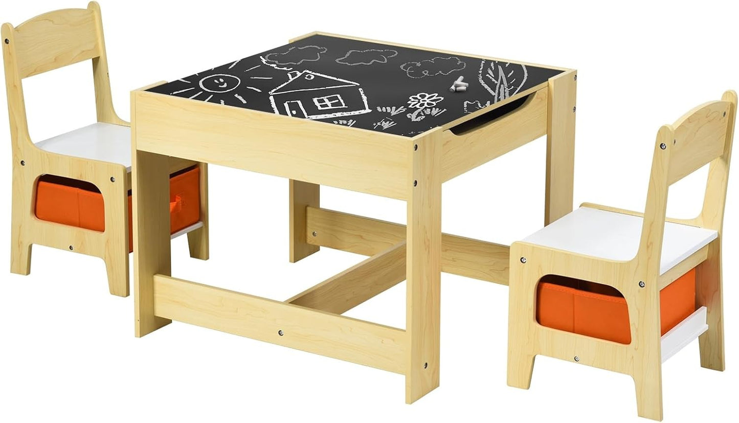 Tavolino 3 in 1 per Bambini con Lavagna, Sedie & Cestini