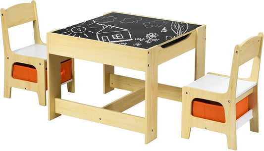 Tavolino 3 in 1 per Bambini con Lavagna, Sedie & Cestini