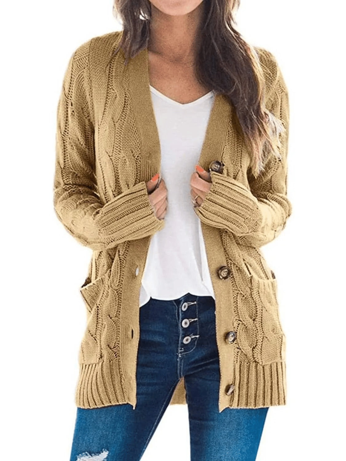 Damesvest voor de herfst met lange mouwen, gebreid en met knopen