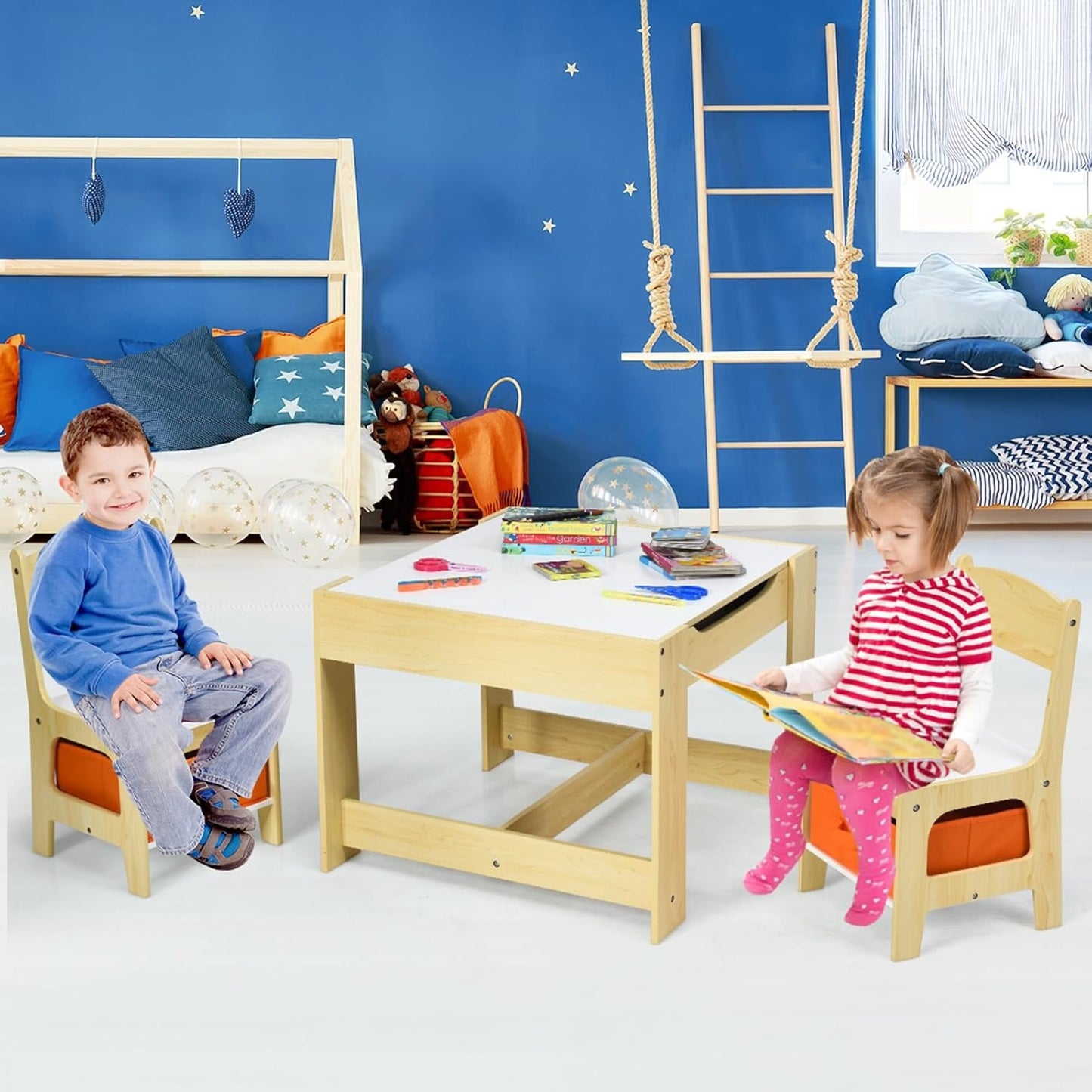 Tavolino 3 in 1 per Bambini con Lavagna, Sedie & Cestini