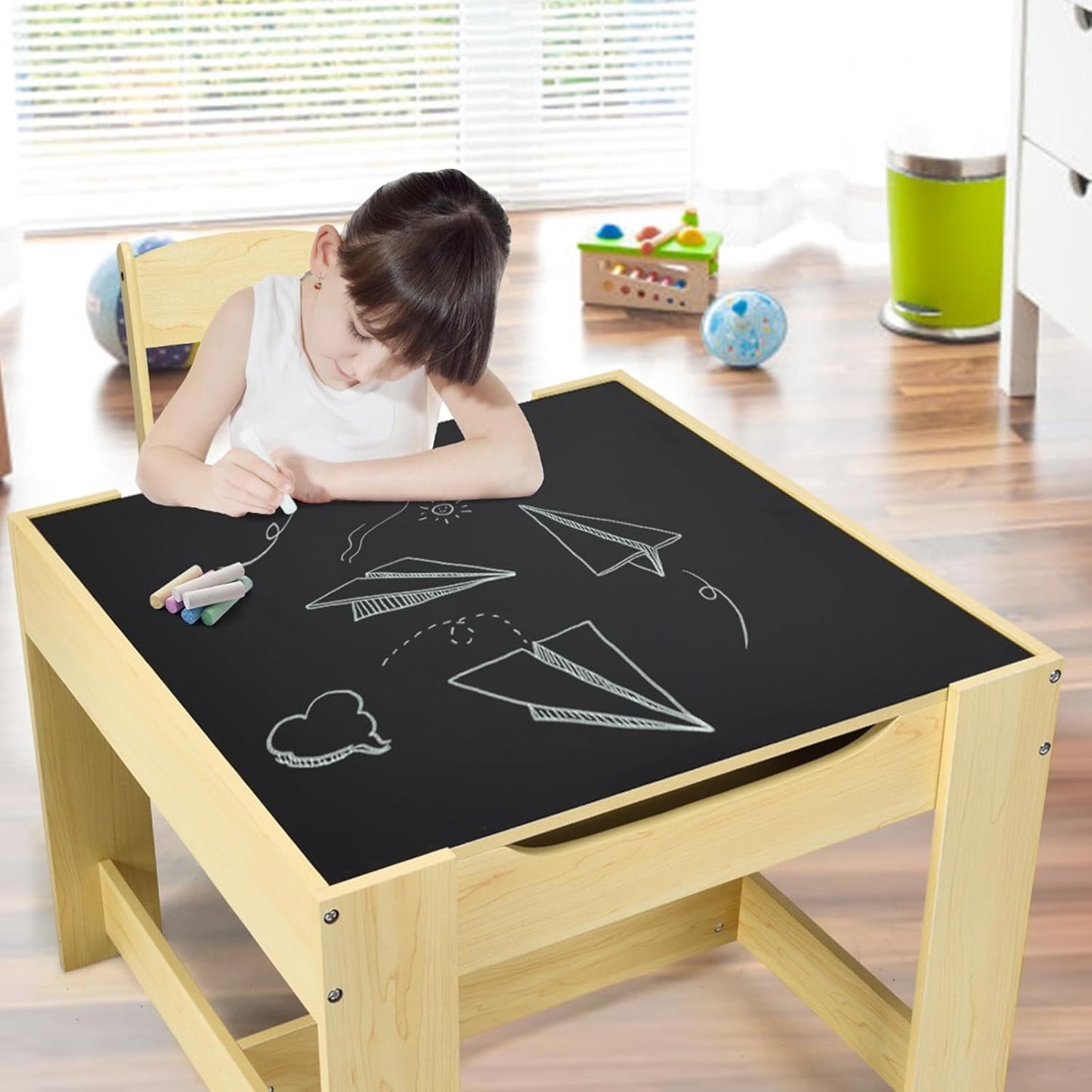 Tavolino 3 in 1 per Bambini con Lavagna, Sedie & Cestini