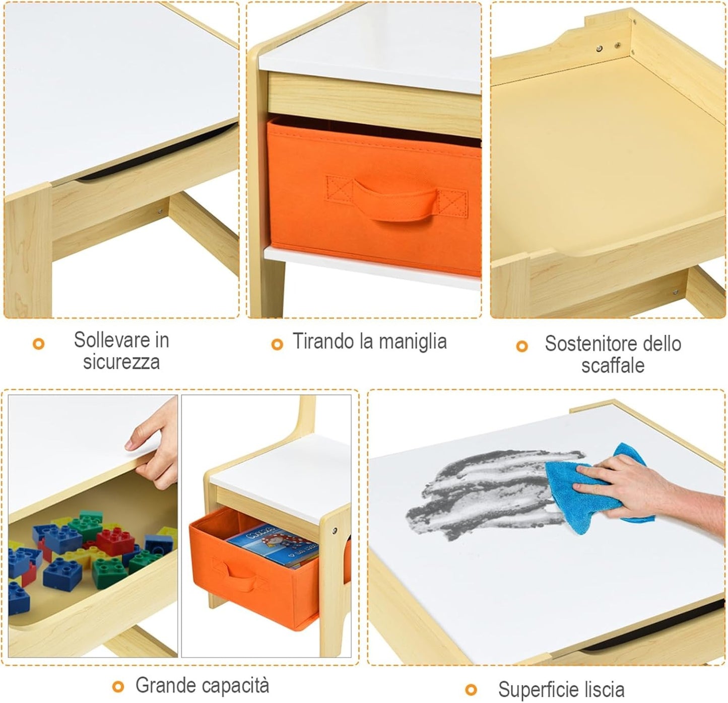 Tavolino 3 in 1 per Bambini con Lavagna, Sedie & Cestini