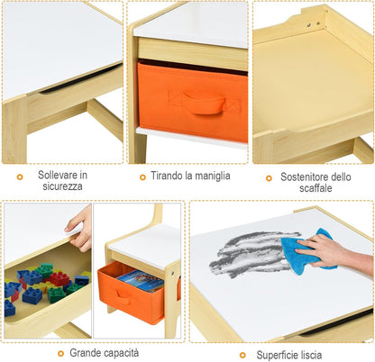Tavolino 3 in 1 per Bambini con Lavagna, Sedie & Cestini