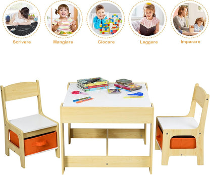 Tavolino 3 in 1 per Bambini con Lavagna, Sedie & Cestini