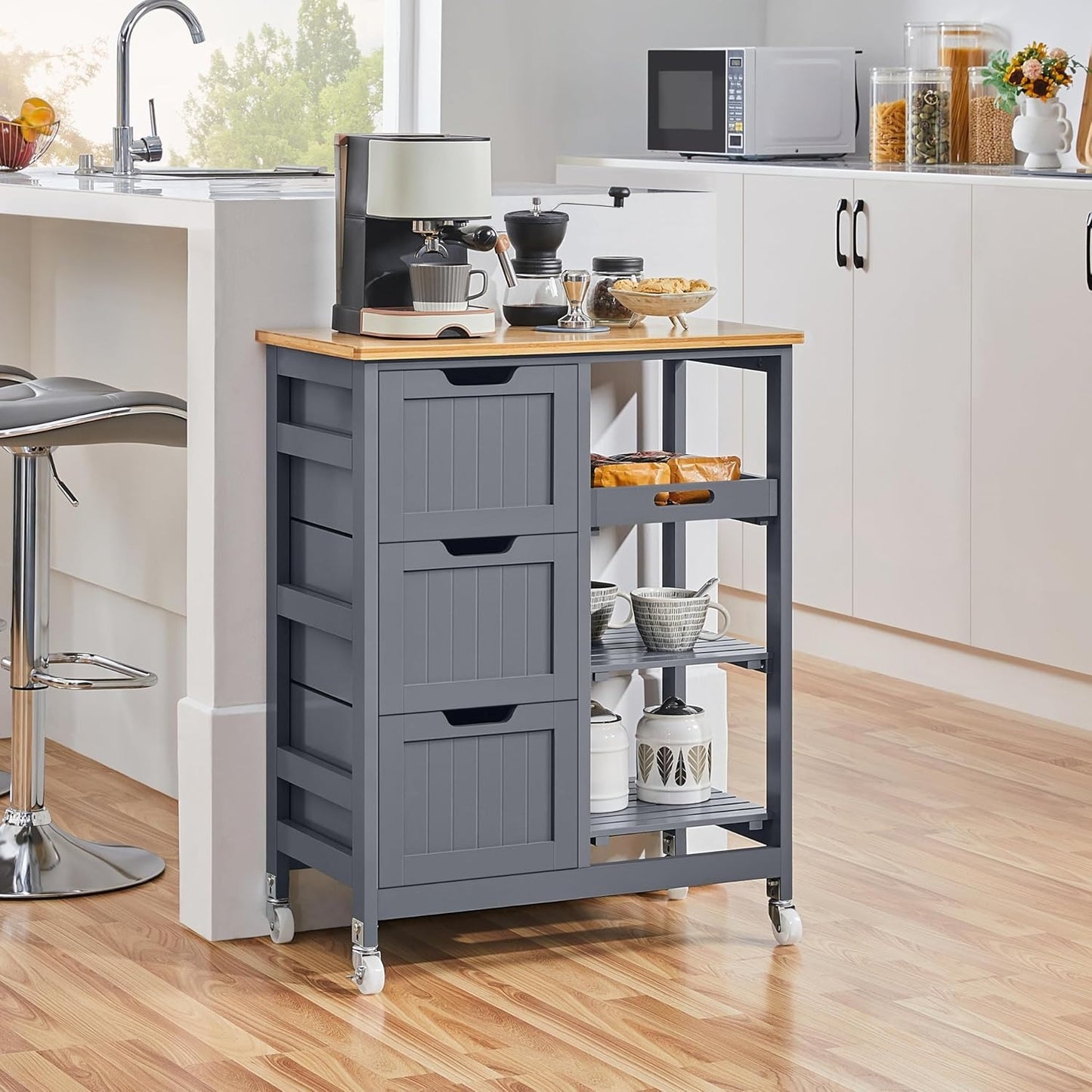 AB-Carrello da cucina bianco con ruote, cassetti e ripiani