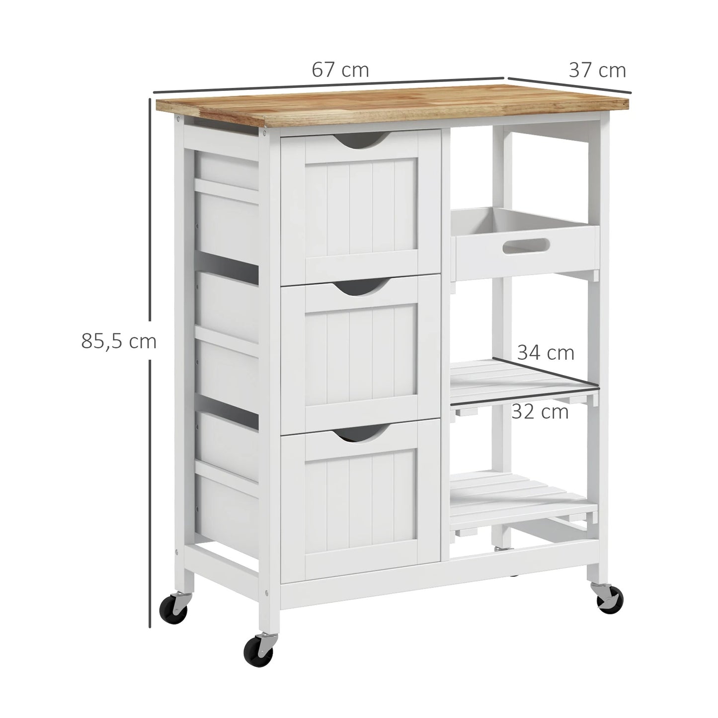AB-Carrello da cucina bianco con ruote, cassetti e ripiani