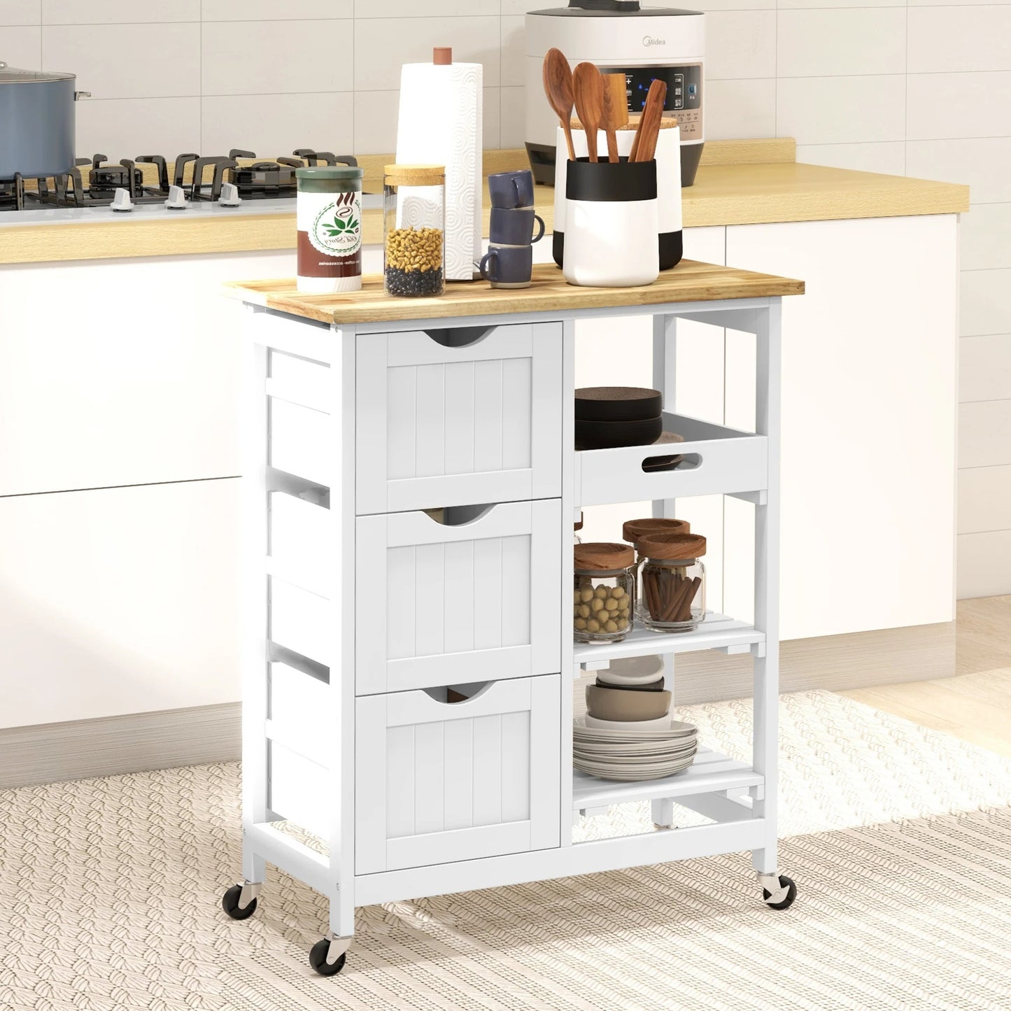 AB-Carrello da cucina bianco con ruote, cassetti e ripiani