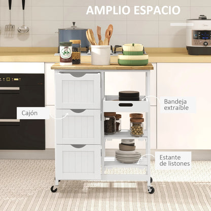 AB-Carrello da cucina bianco con ruote, cassetti e ripiani